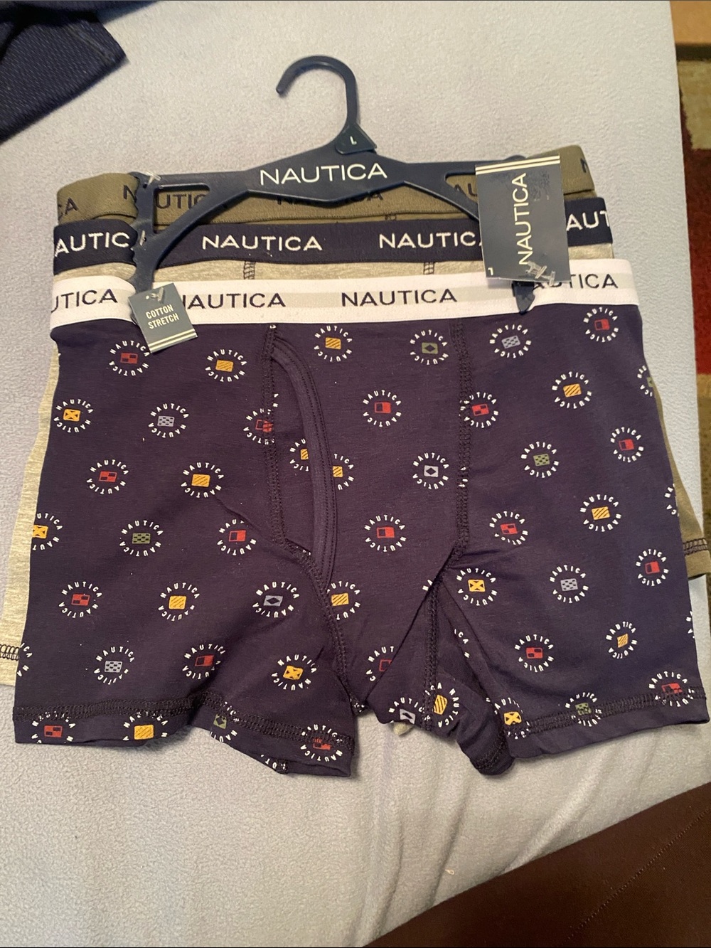 Nautica Boys Navy Boxer Briefs Set with Olive and White Waistbands